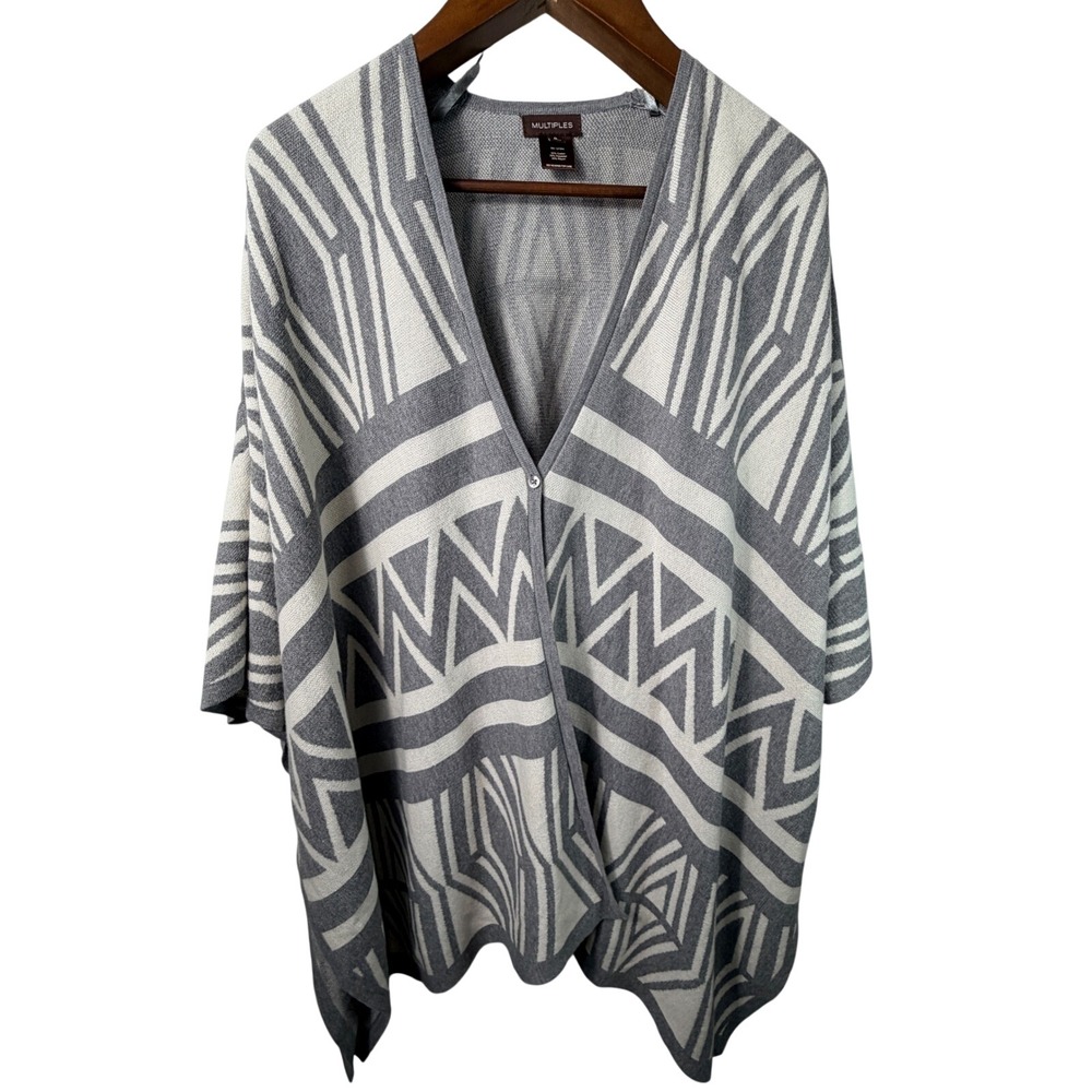 Multiples Women Poncho S Grey White Geometric Tribal Button Knit Wrap Sweater